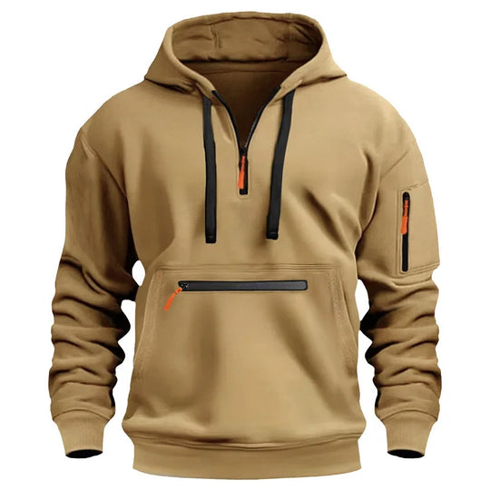 Beige hoodie with black and orange zippers on a white background