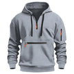 Gray hoodie with black and orange zippers on a white background