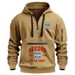Beige hoodie with red text and a logo on a white background