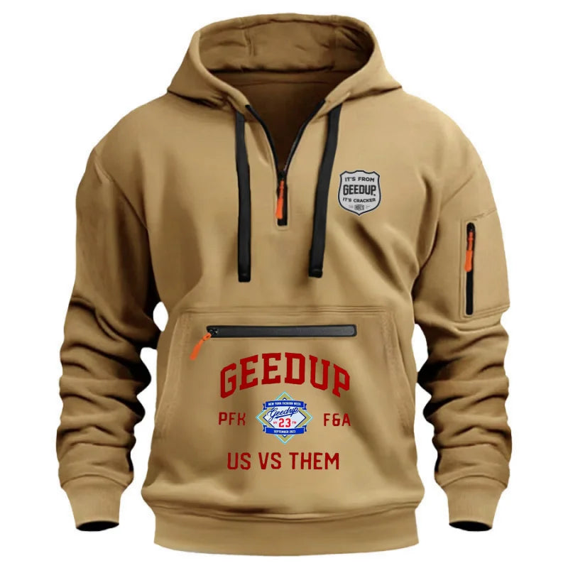Beige hoodie with red text and a logo on a white background