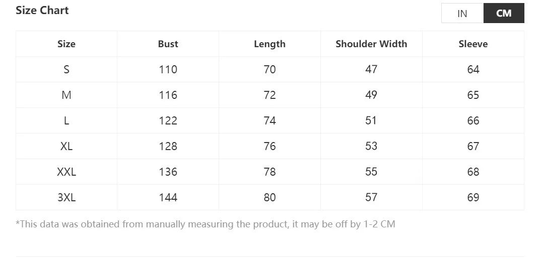 Size chart for clothing with measurements in centimeters