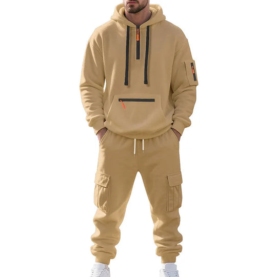 Beige tracksuit with a hood on a white background