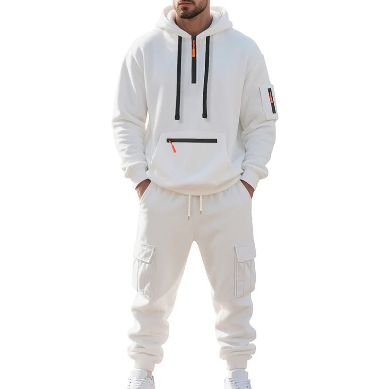 White tracksuit with black accents on a white background