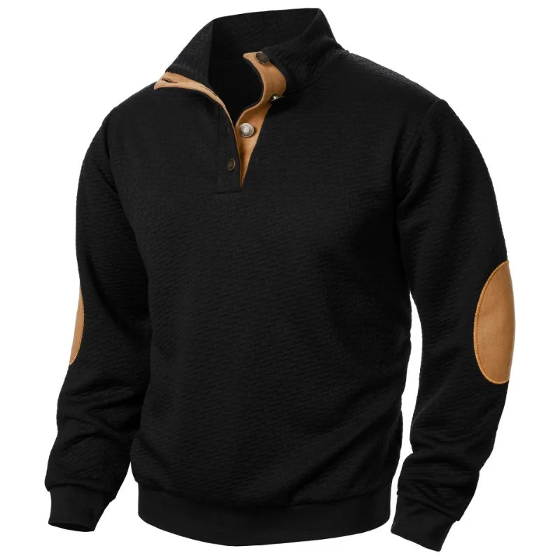 Black pullover with brown elbow patches on a white background