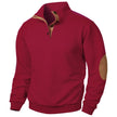 Red pullover with brown elbow patches on a white background