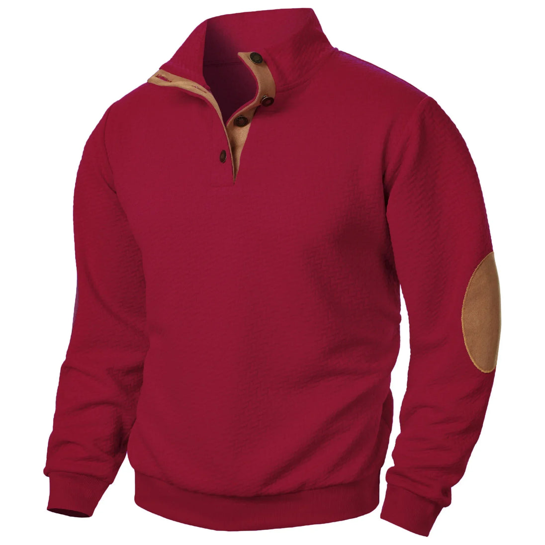 Red pullover with brown elbow patches on a white background
