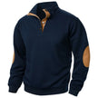 Navy blue sweater with brown elbow patches on a white background