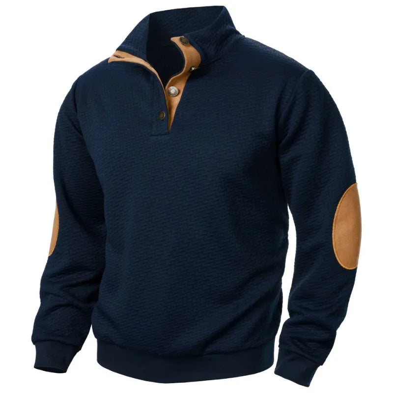 Navy blue sweater with brown elbow patches on a white background