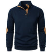 Navy blue long-sleeve shirt with brown accents on a white background