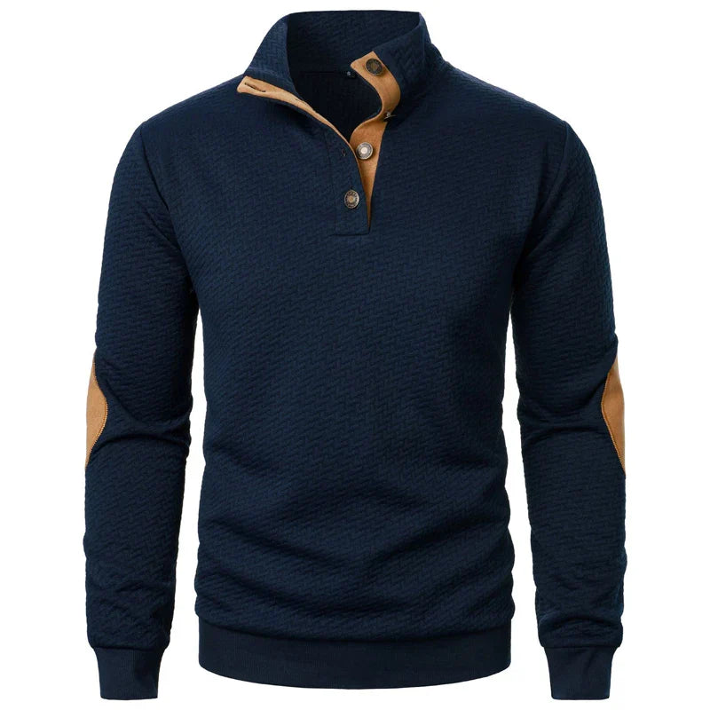 Navy blue long-sleeve shirt with brown accents on a white background