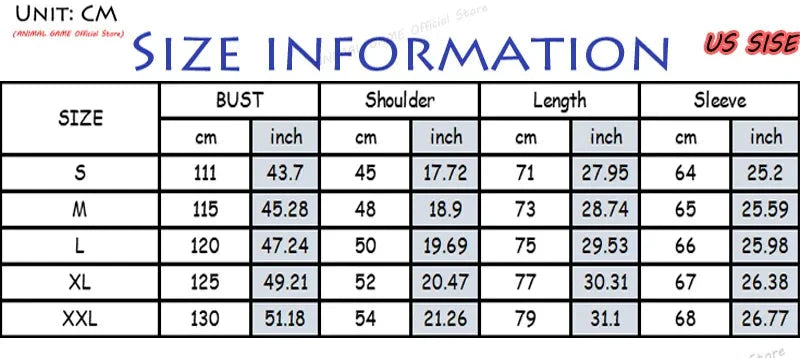 Size chart for clothing with measurements in centimeters and inches, including weight and height recommendations.