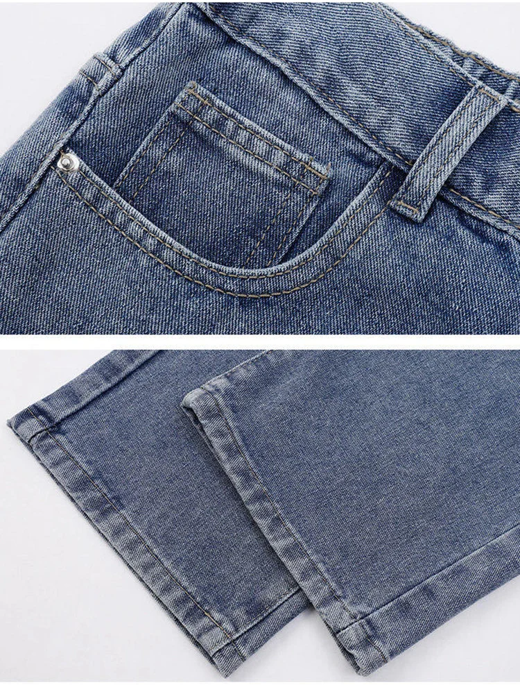 Close-up of blue denim shorts showing stitching and pocket details.