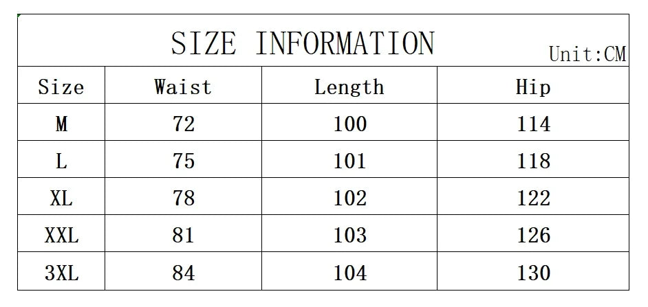 Size information chart for clothing with waist, length, and hip measurements in centimeters.