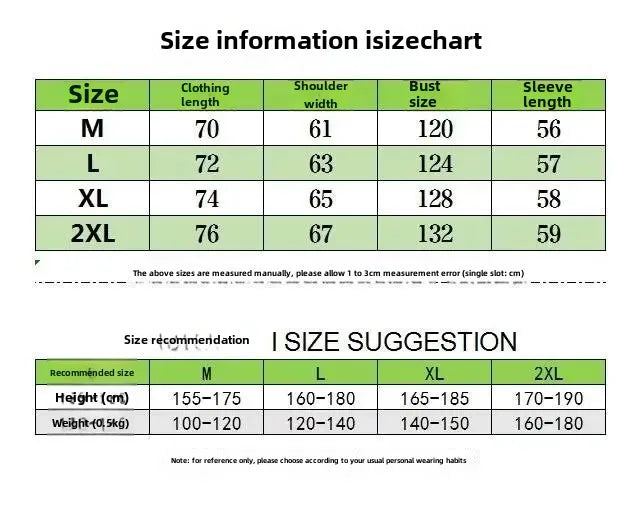 Size chart for clothing with dimensions in centimeters