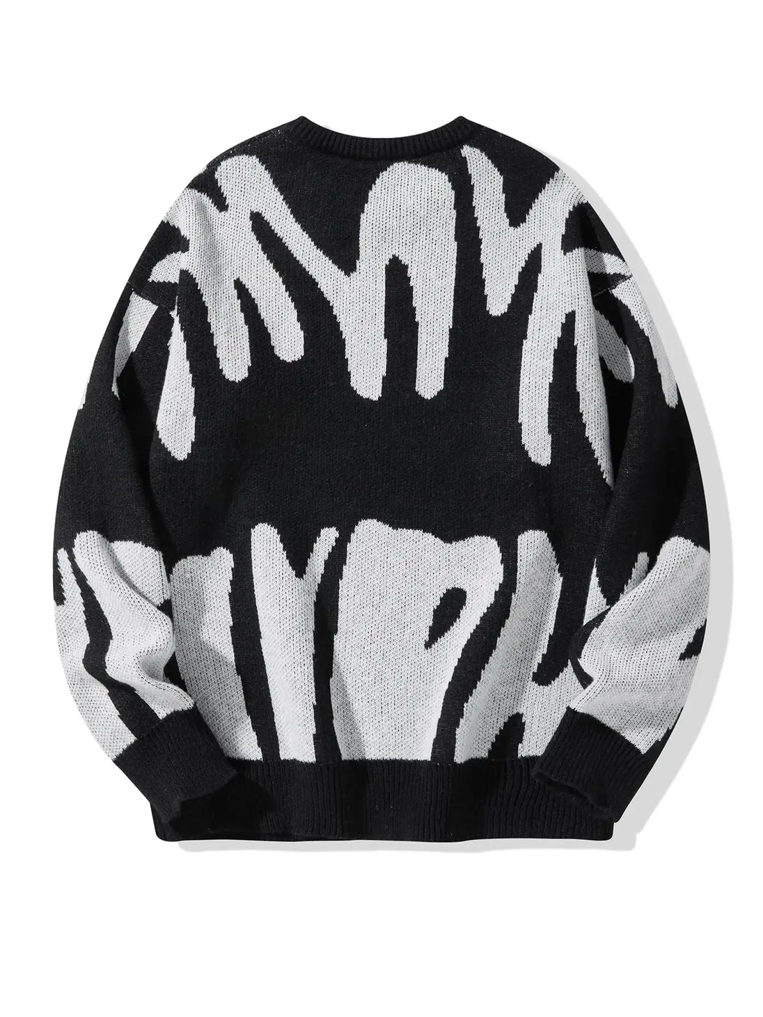 Black sweater with white abstract pattern on a white background