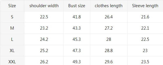 Table showing size chart for shoulder width, bust size, clothes length, and sleeve length.