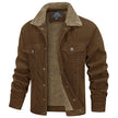 Brown corduroy jacket with sherpa lining on a white background