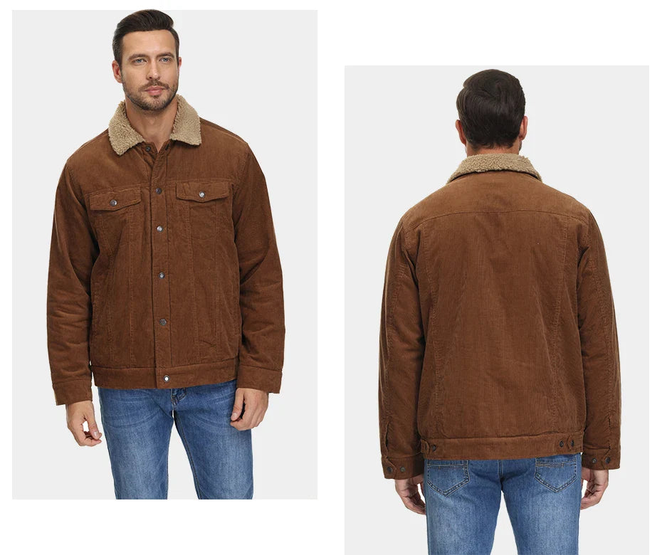 Brown jacket with fur collar worn by a man on a white background