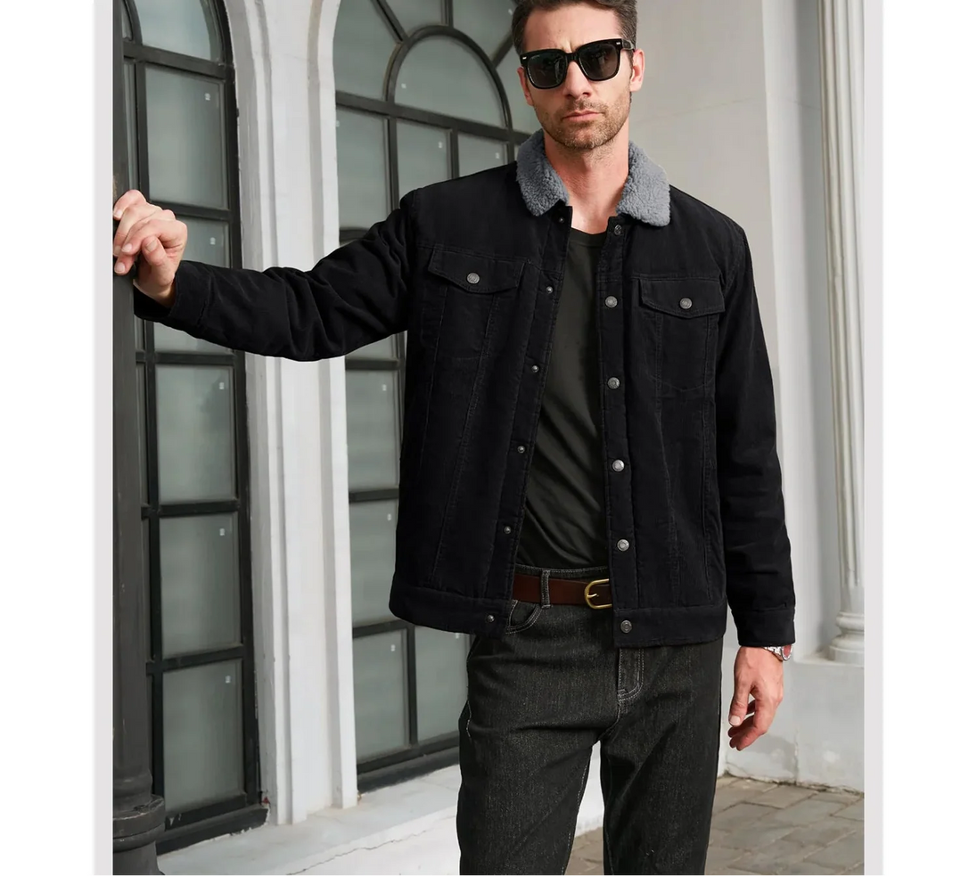 Man wearing a black jacket with gray lining, sunglasses, and a belt standing in front of a building.