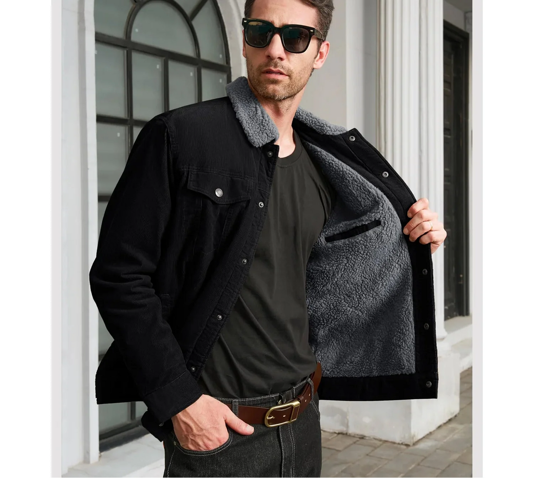 Man wearing a black jacket with gray lining, sunglasses, and a belt standing in front of a white archway.