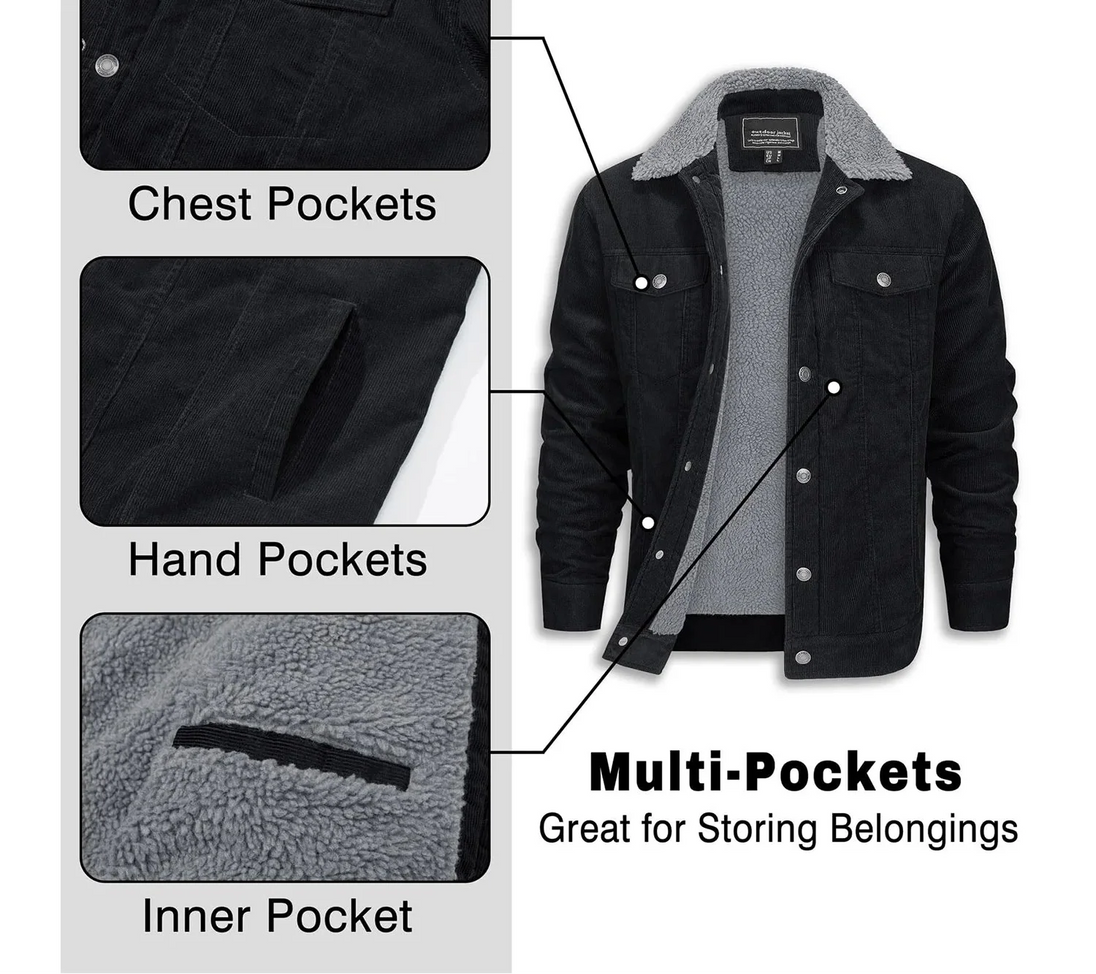 Black jacket with multiple pockets labeled, featuring Magco Msen branding.