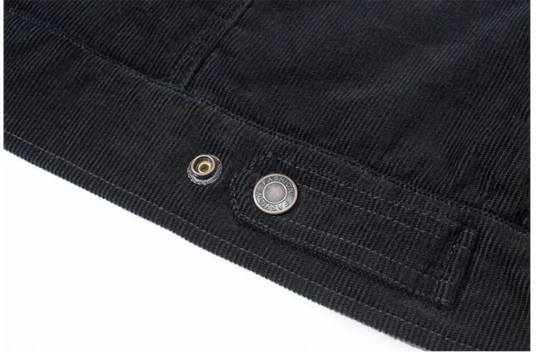 Close-up of black corduroy fabric with buttons on a white background