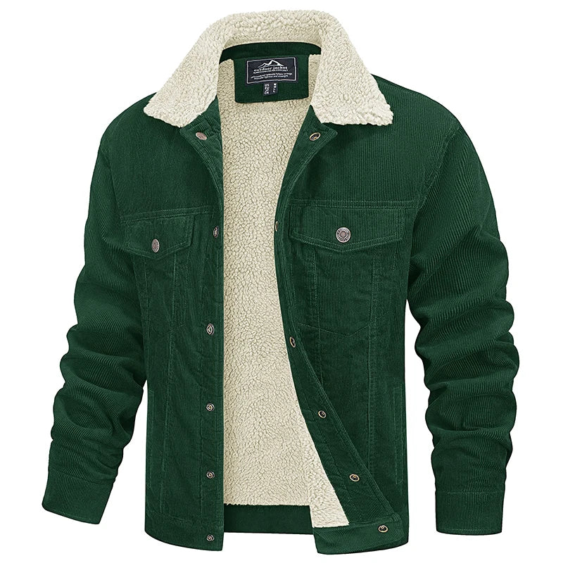Green jacket with white sherpa lining on a white background
