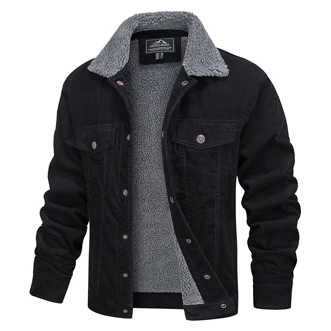 Black denim jacket with gray fleece lining on a white background, featuring the Magcomsen brand.