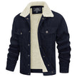 Navy denim jacket with cream sherpa lining on a white background