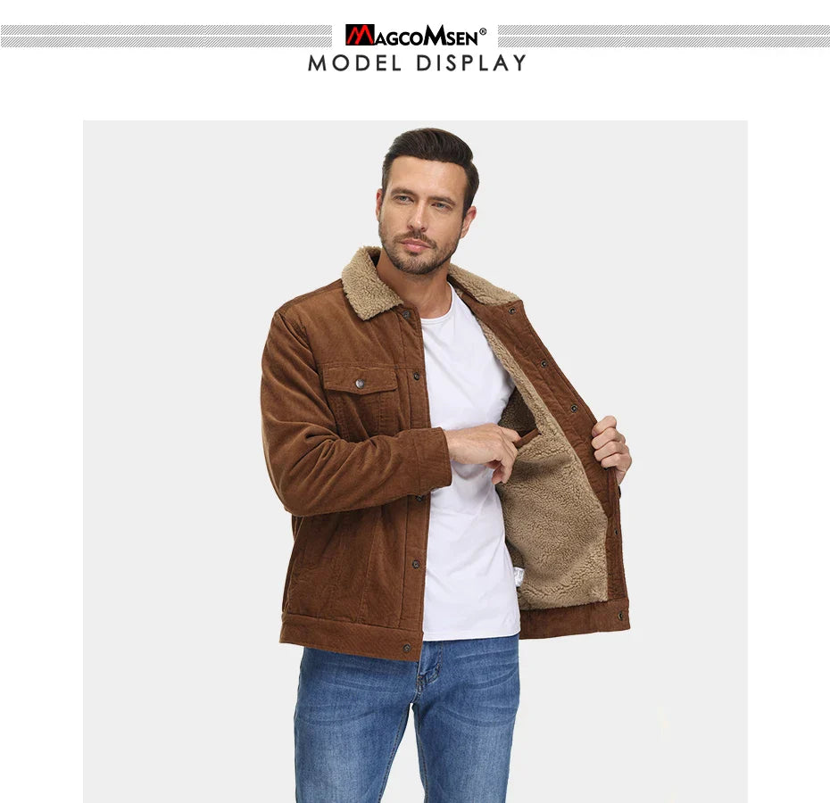 Man wearing a brown jacket with a white background, featuring the Magcomsen brand.