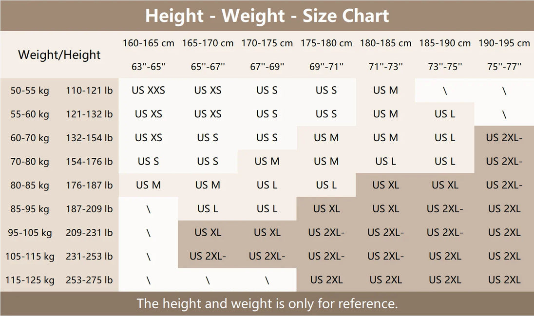 Height, weight, and size chart for clothing
