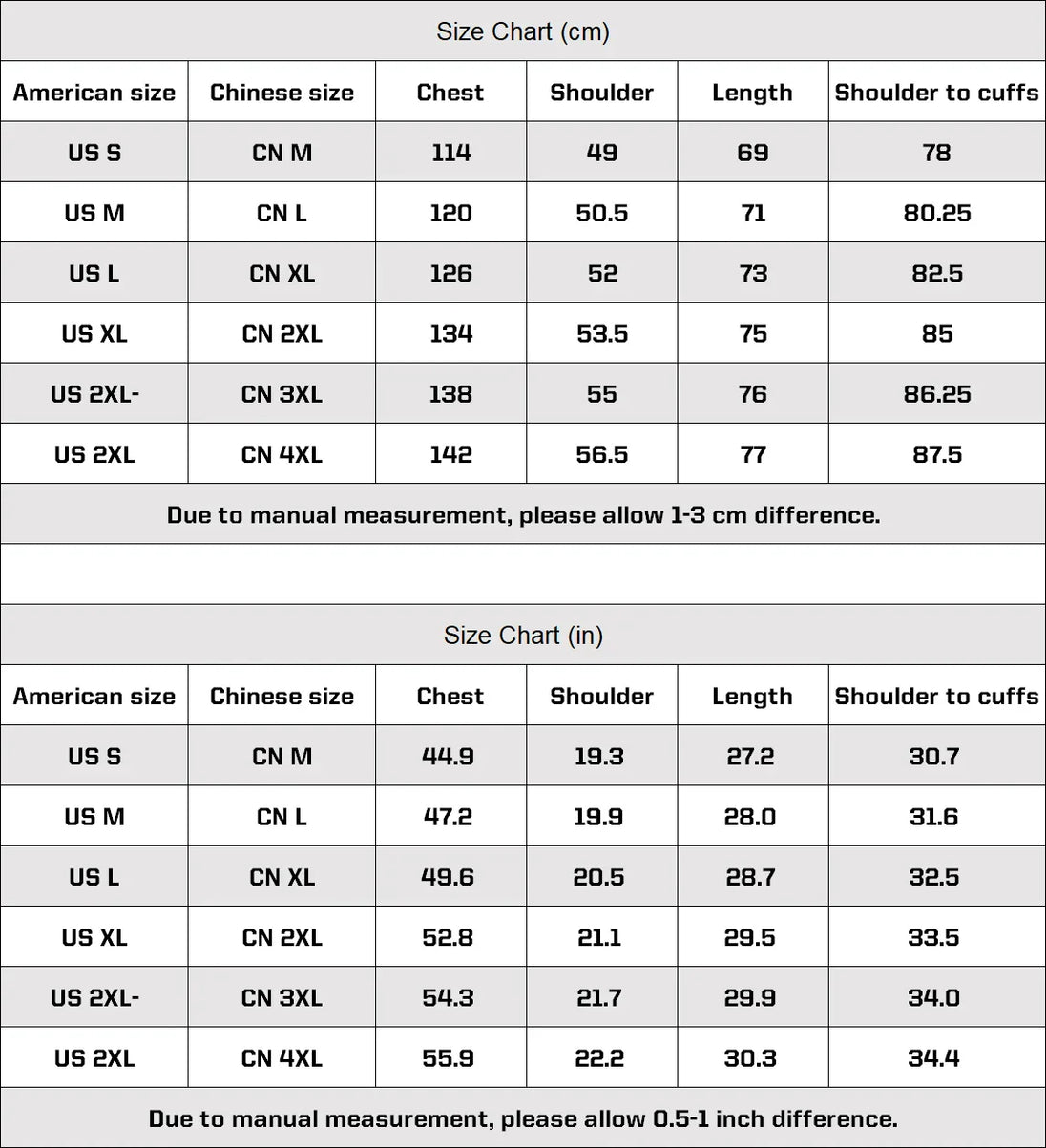 Size chart comparing American and Chinese sizes with measurements in centimeters and inches.
