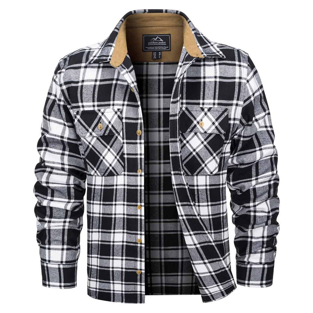 Black and white plaid shirt with beige collar on a white background