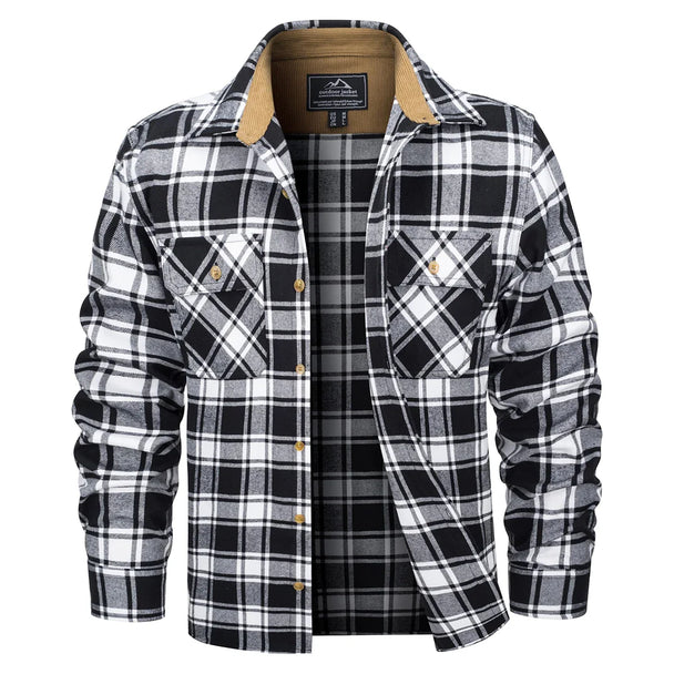 Black and white plaid shirt with beige collar on a white background