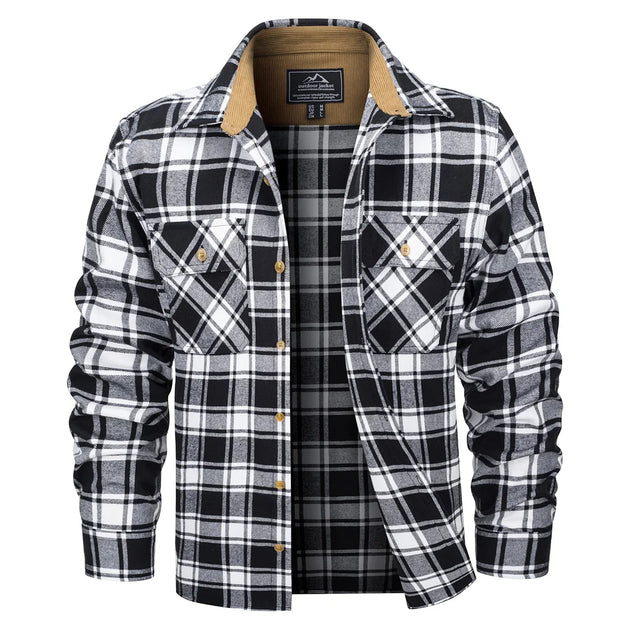 Black and white plaid shirt with beige collar on a white background