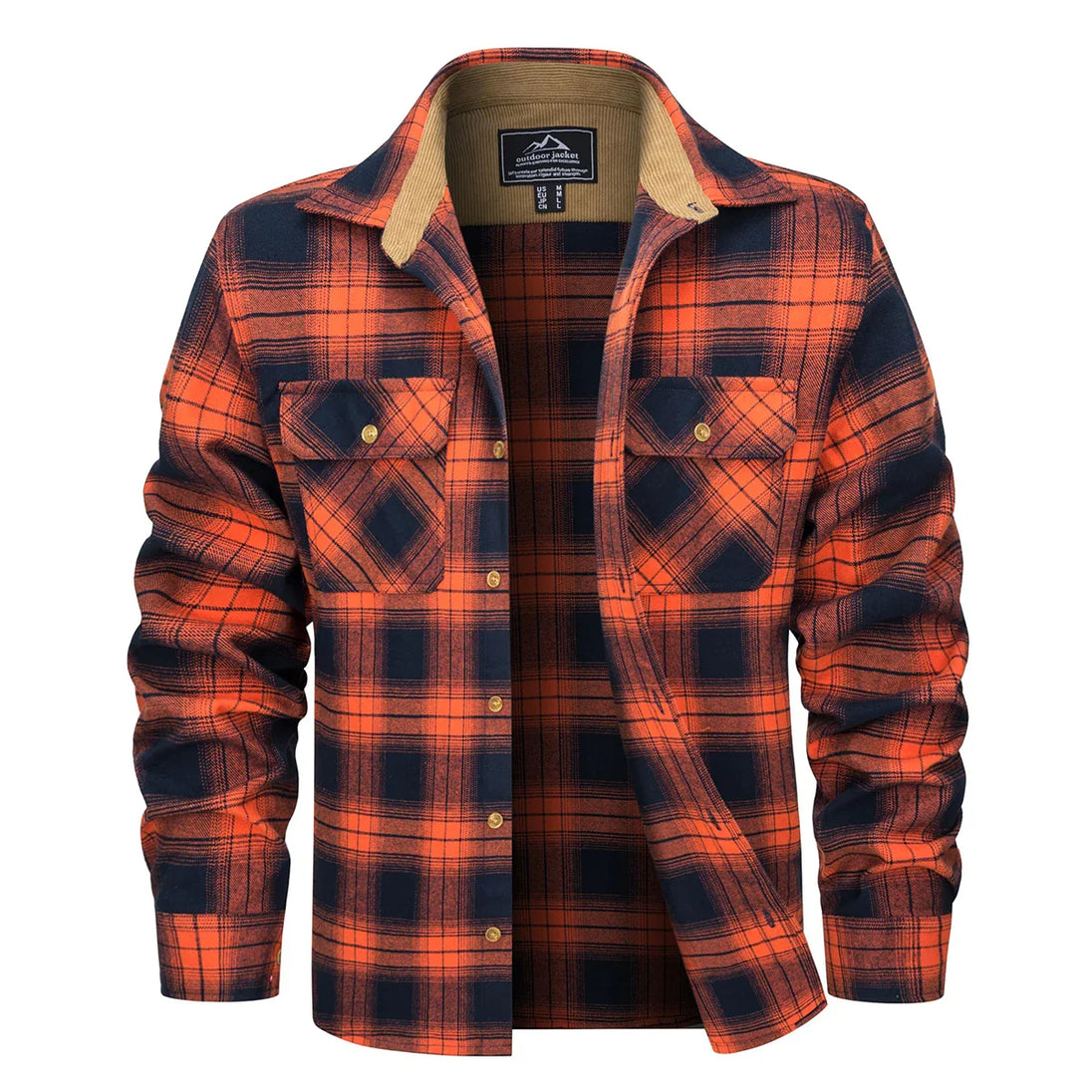 Plaid shirt with orange and black pattern on a white background