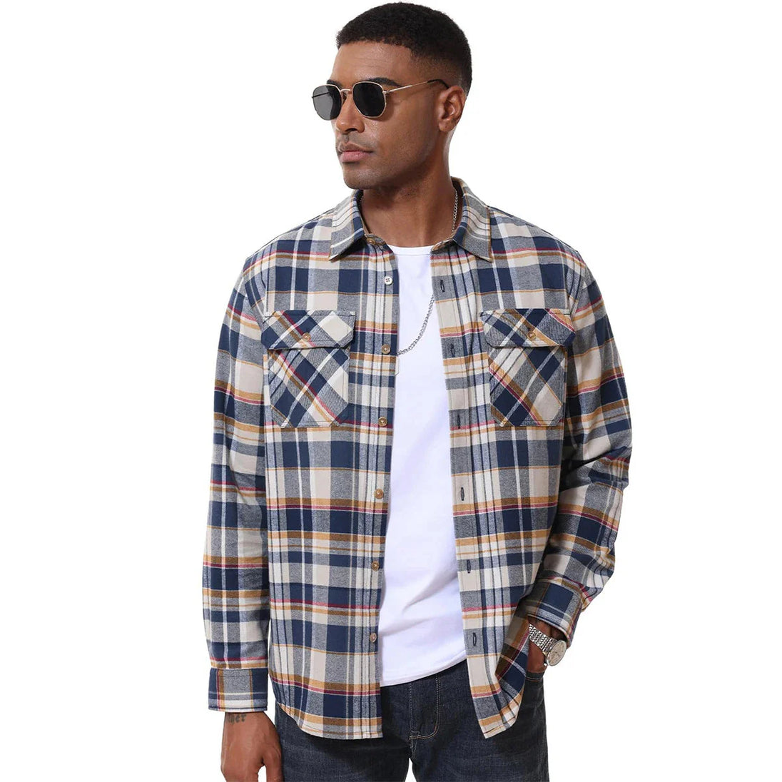 Man wearing a plaid shirt with sunglasses on a white background, featuring the Magcomsen brand.