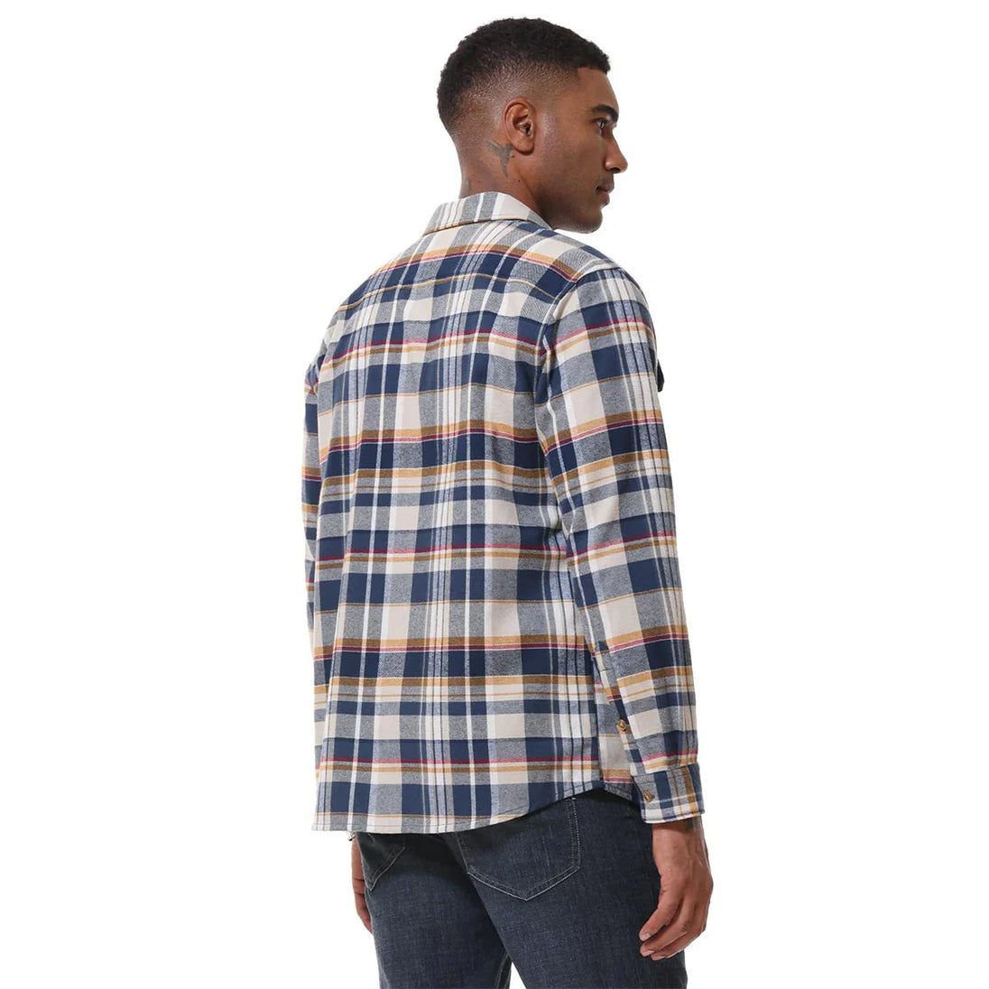 Man wearing a plaid shirt with Magcomsen logo on a white background