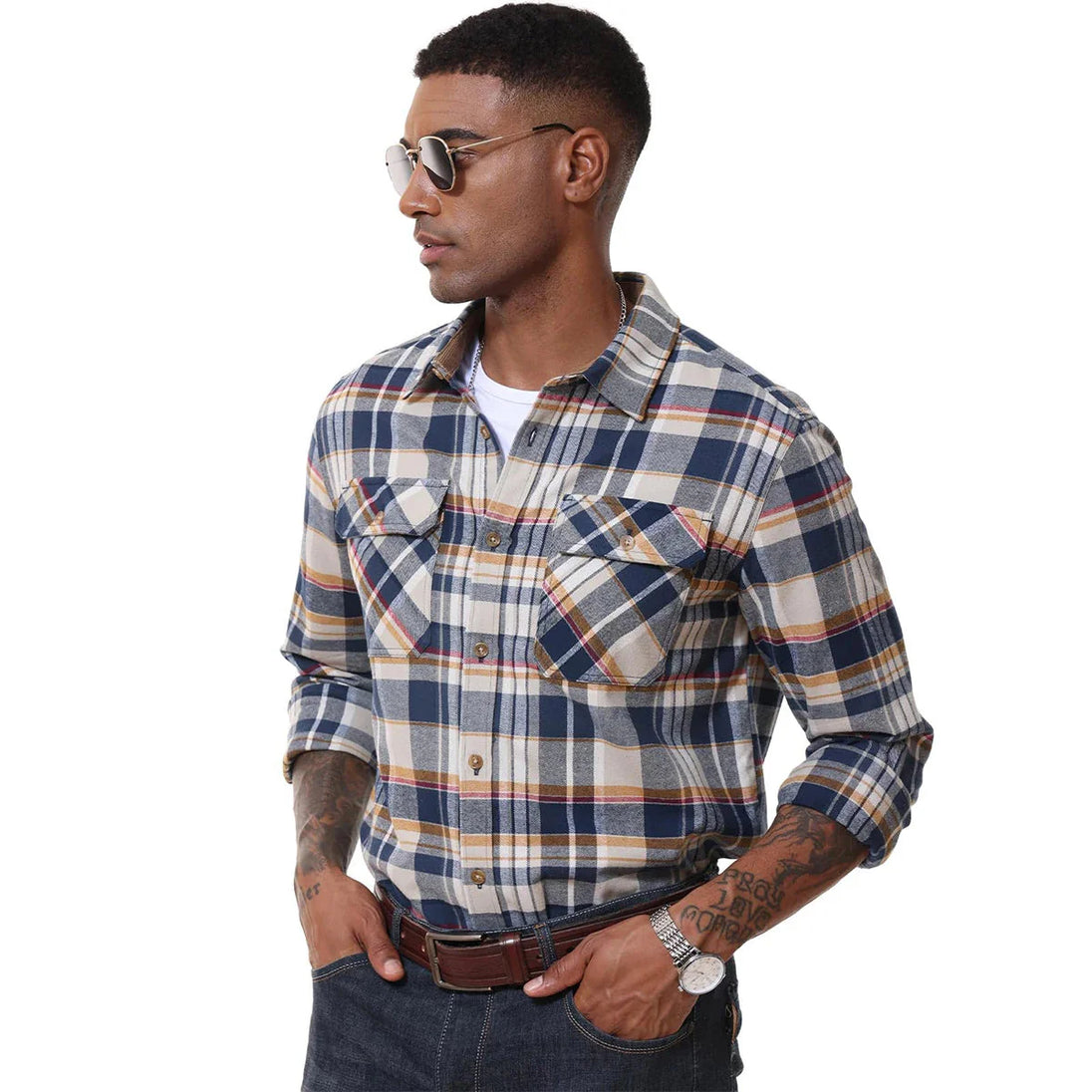 Man wearing a plaid shirt with Magcomsen logo in the corner