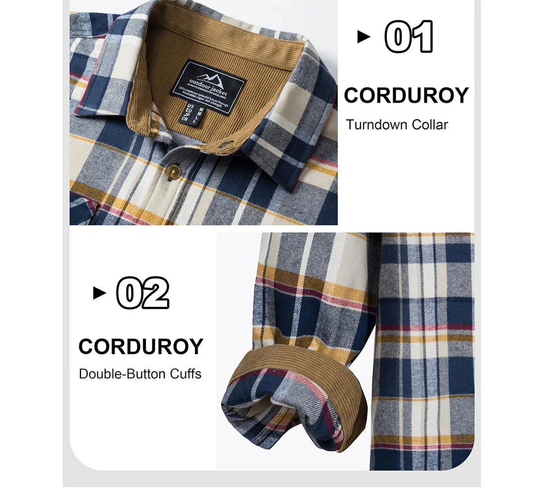 Plaid shirt with corduroy details and Magcomsen branding on a white background