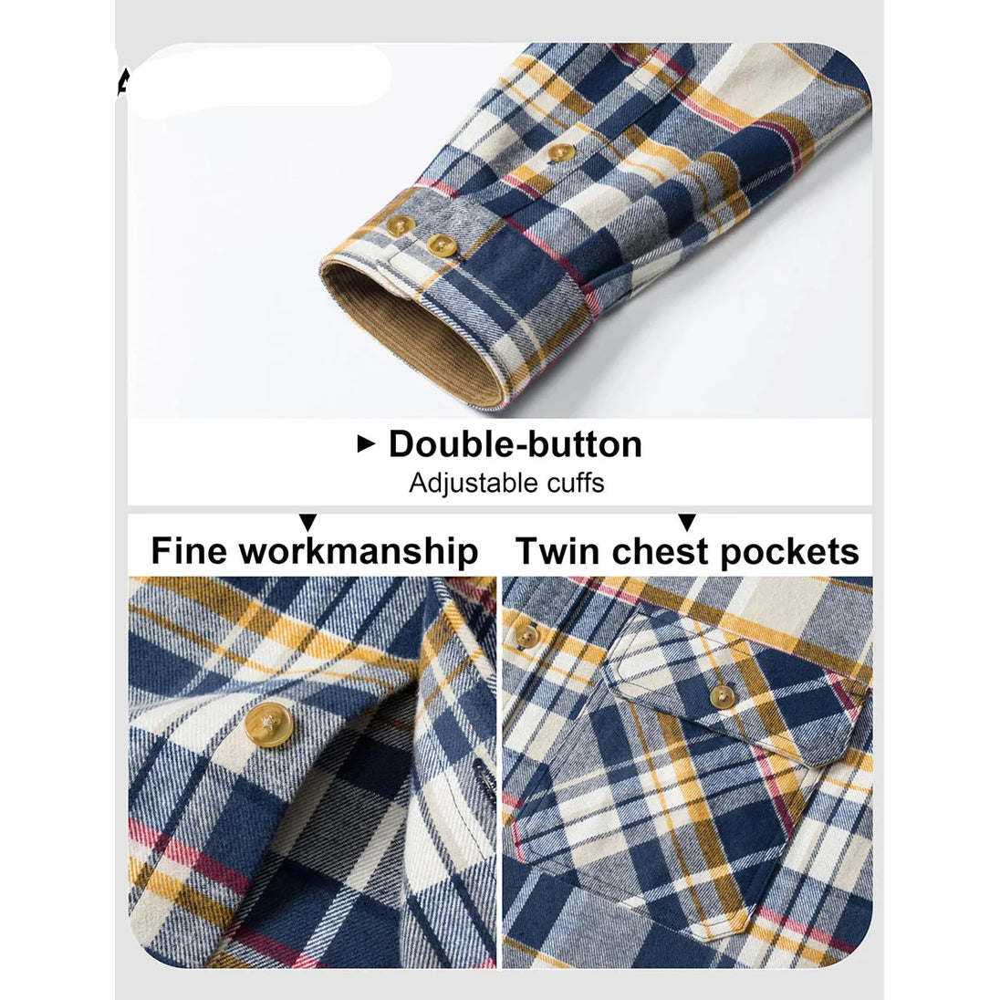 Plaid shirt with features highlighted on a white background, featuring the Magcomsen brand.