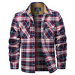 Plaid shirt with red, blue, and white pattern on a white background
