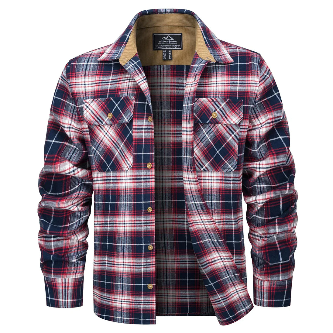 Plaid shirt with red, blue, and white pattern on a white background