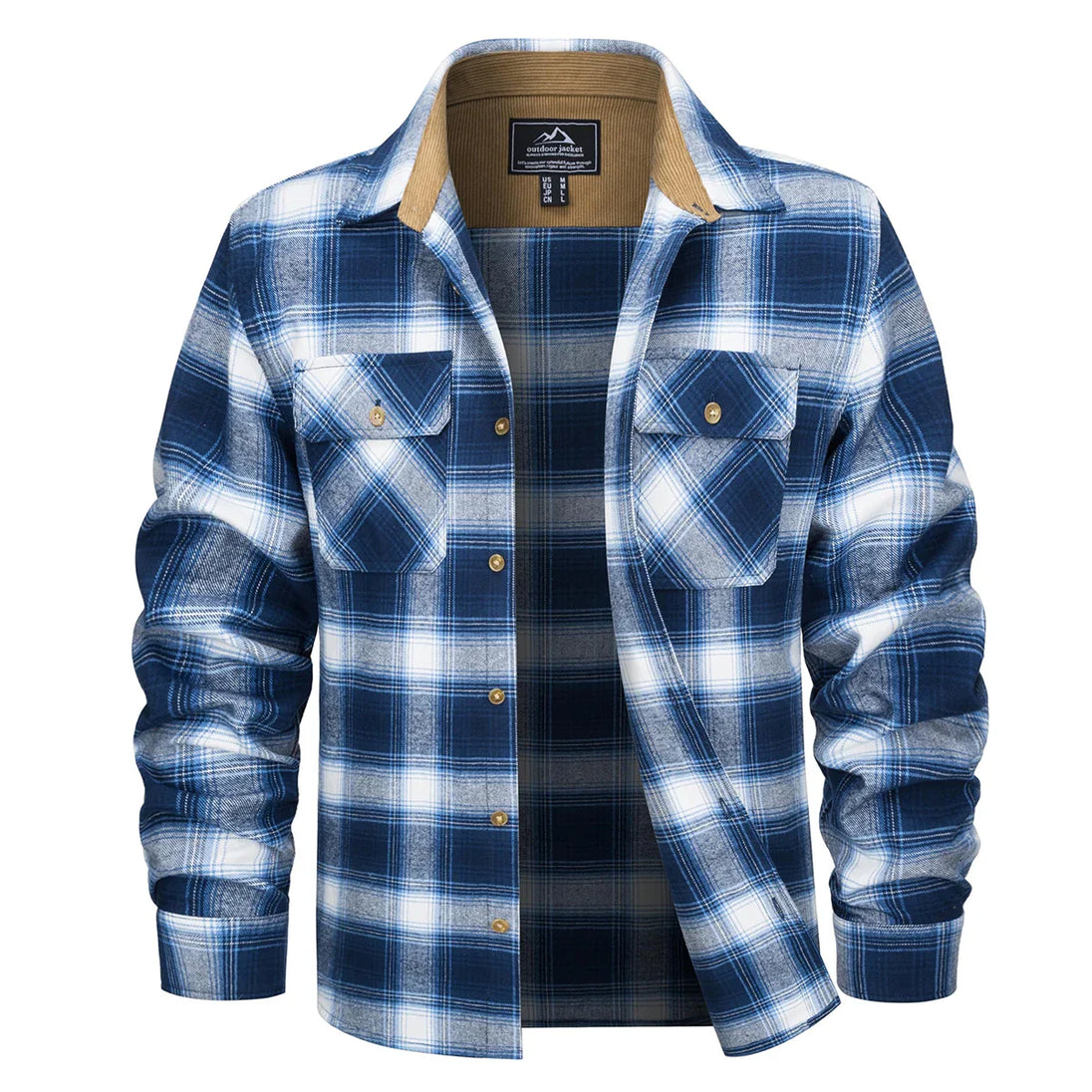 Blue and white plaid shirt with a brown collar on a white background