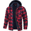 Red and black plaid jacket with a hood on a white background, featuring the Magcomsen brand.