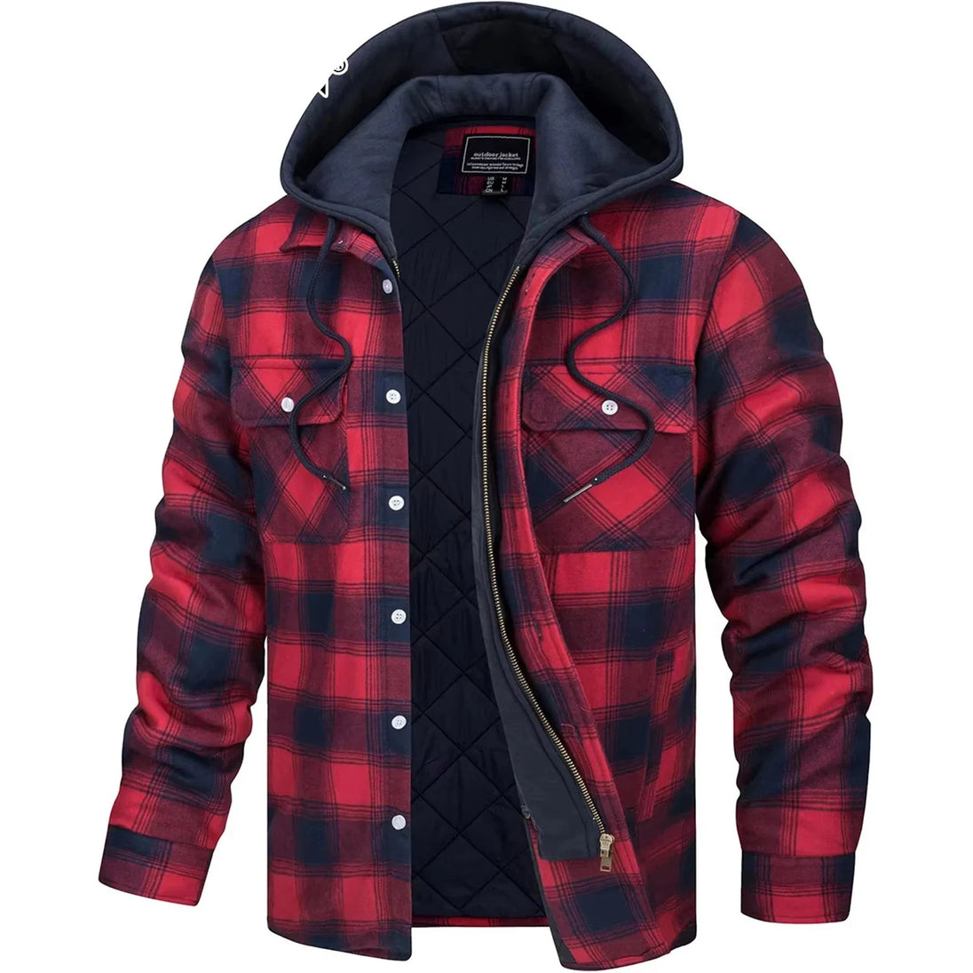 Red and black plaid jacket with a hood on a white background, featuring the Magcomsen brand.