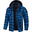 Blue and black plaid jacket with a hood on a white background