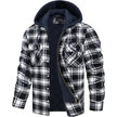 Plaid jacket with quilted navy lining on a white background