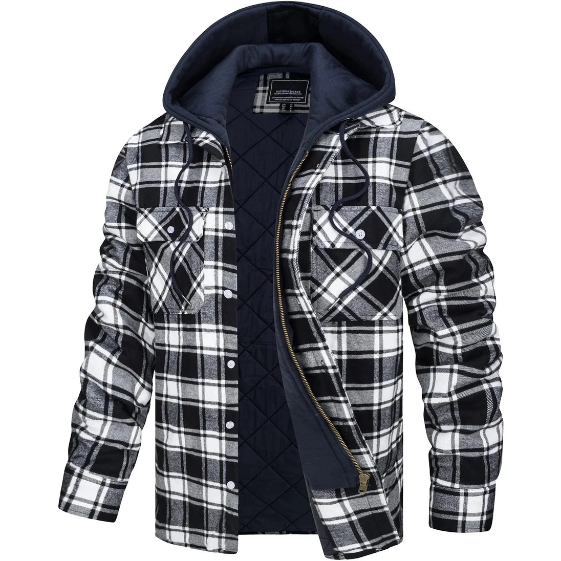 Plaid jacket with quilted navy lining on a white background