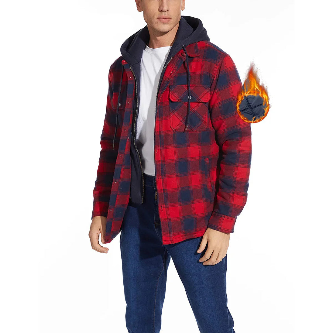 Red and black checkered jacket worn by a person on a white background with Magcomsen branding.